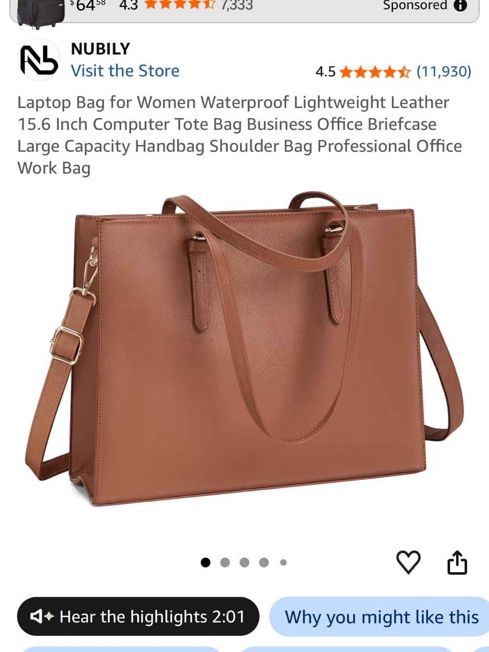 Women's Leather laptop Tote Bag in Brown